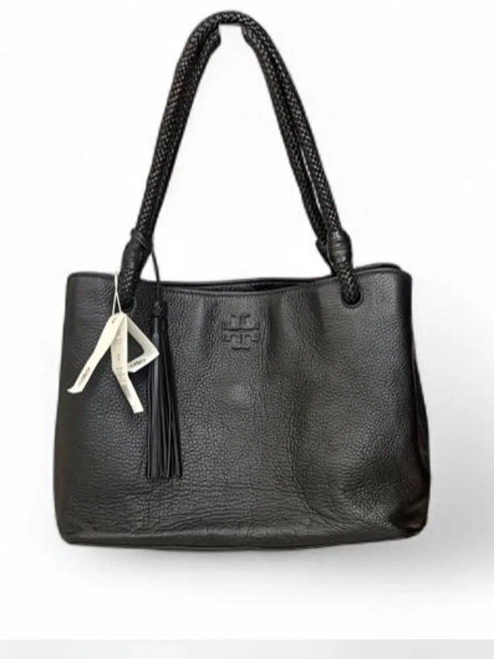 NWT Black Tory Burch Leather Tote Handbag with Braided Handles - Picture 2 of 9